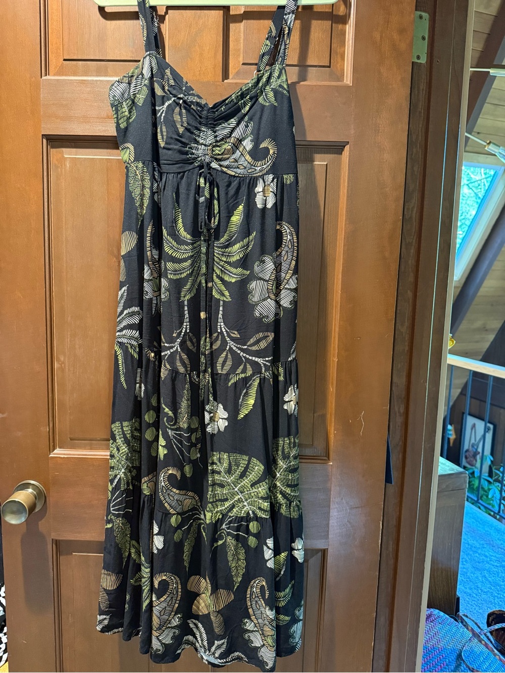 Black Floral Maxi Sundress with Green Leaf Print